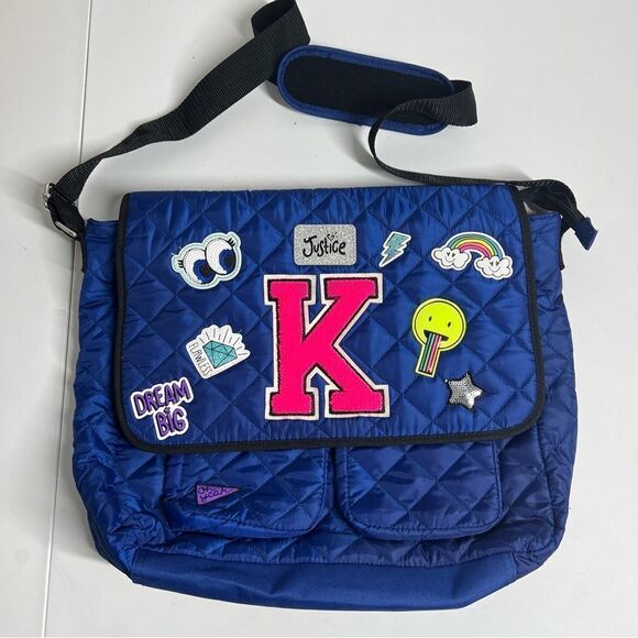 Justice Quilted Patch Messenger Bag Blue Initial Y NWOT Blue - Picture 1 of 7
